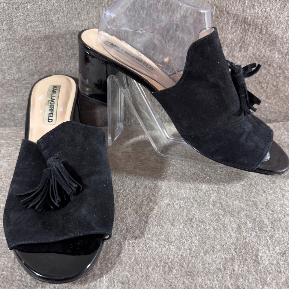 Karl Lagerfeld Hettie Black Mules Women 10 Suede Tassel Block Heel Chic